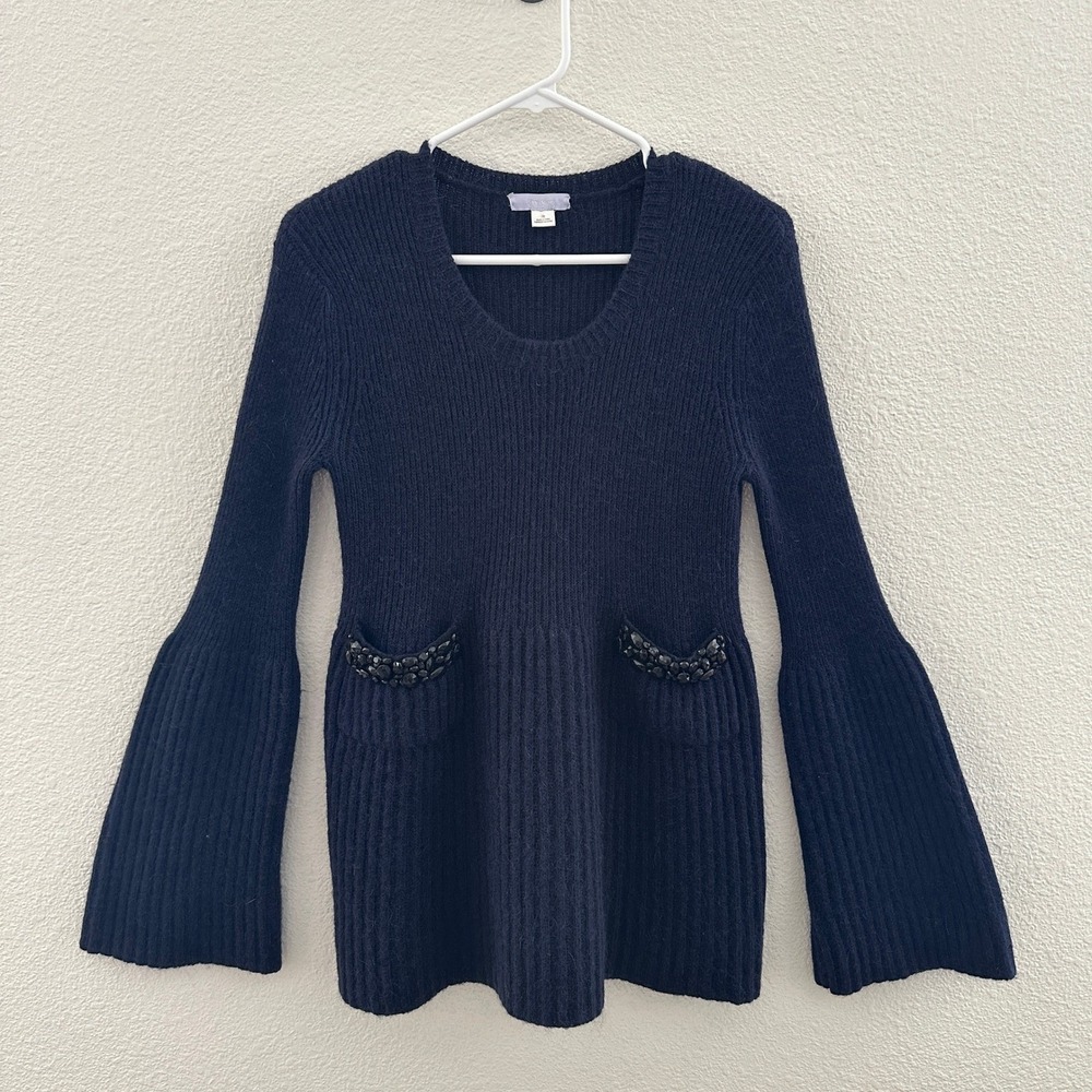 Vera Wang Ribbed Knit Sweater Womens Medium Navy Blue Jewel Pocket Wool Blend‎